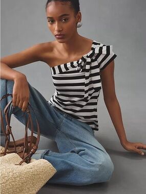 Anthropologie Maeve Sz S Black White Strip One Shoulder Bow Tee Shirt